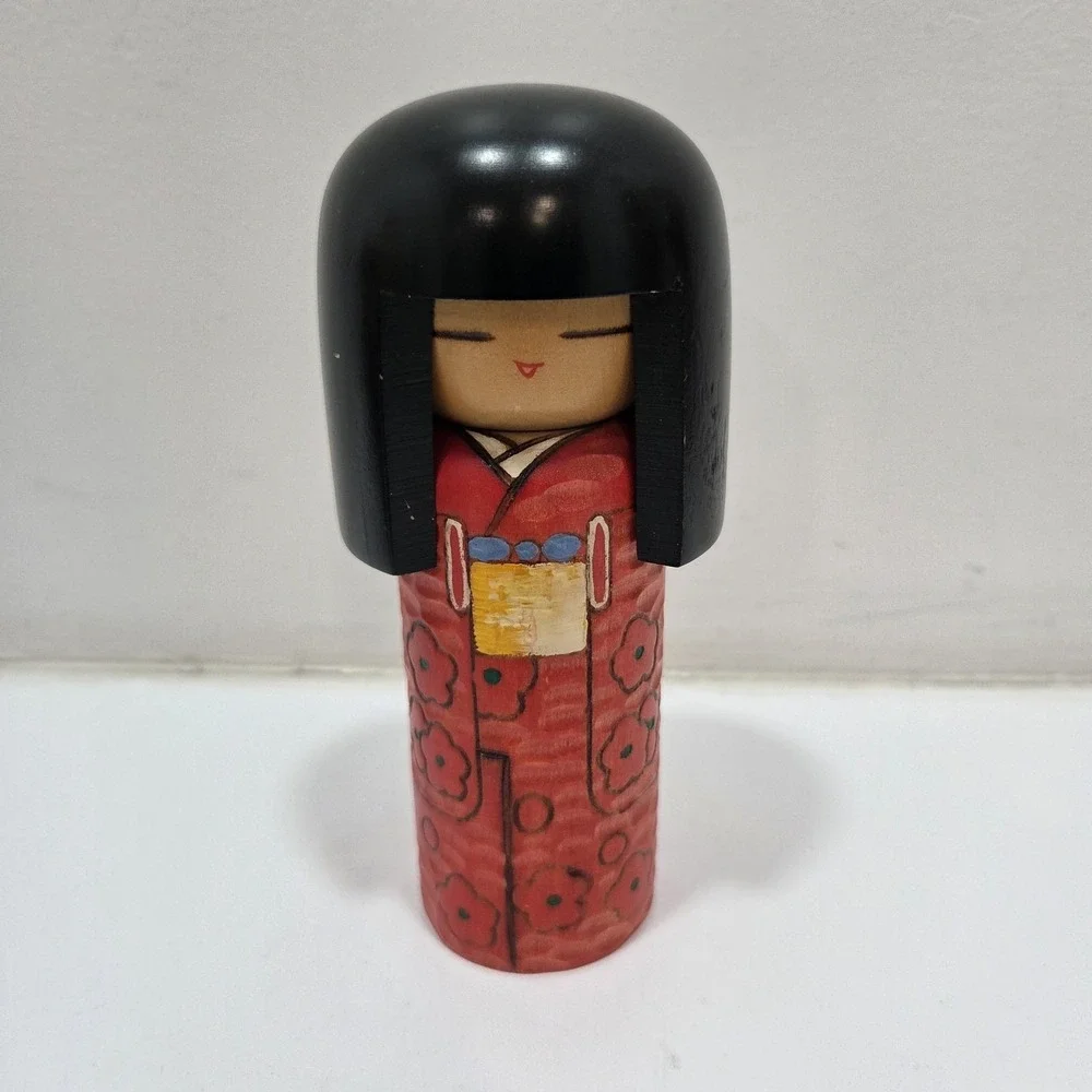 Vintage Japanese Carved Wooden Traditional Girl Kokeshi Doll Black Hair 5